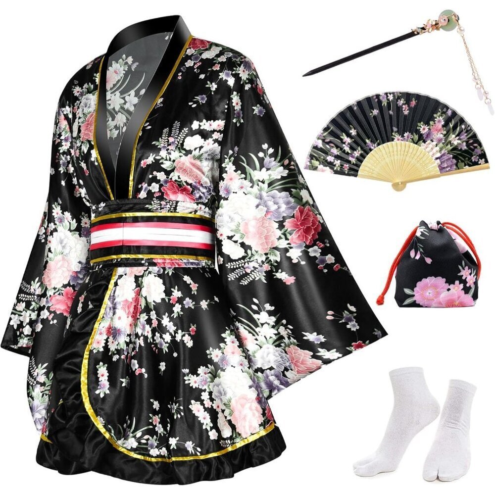 Women's Short Floral Kimono Robe Satin Bathrobe Accessories Set